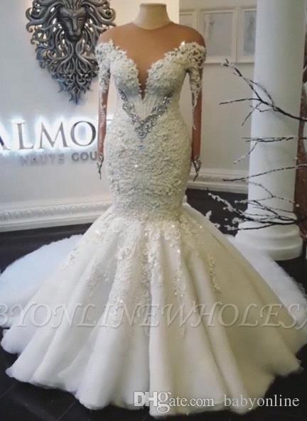 Elegant Plus Size Beads Mermaid Dresses Applique Long Sleeves Wedding Dress Bridal Gowns Vestidos Novia Sirena Robes De Marie