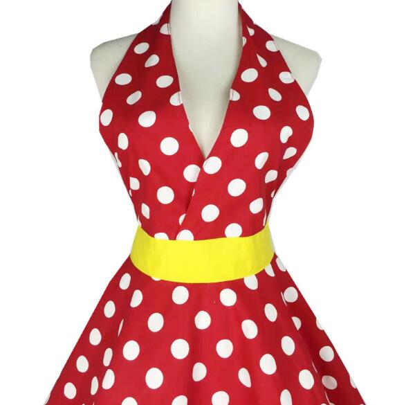 Retro Kitchen Apron Woman Cotton Polka Dot Cooking Apron Vintage Cute Lady Bib Cotton Apron Dress