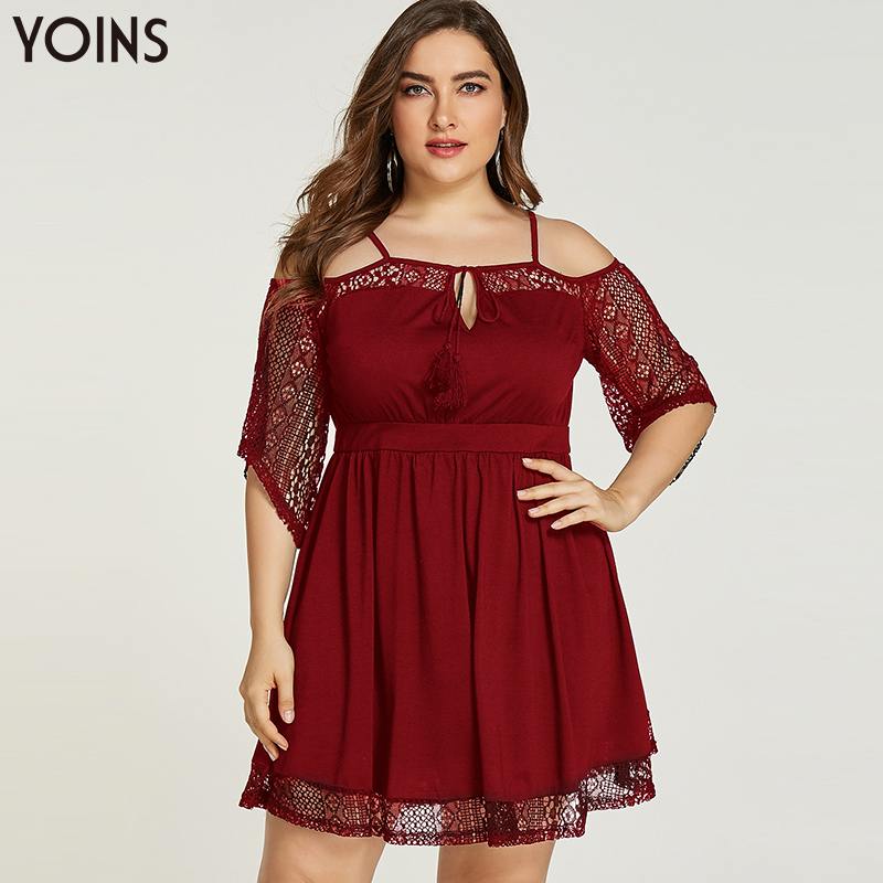 

YOINS 2020 Autumn Winter Women Dress Elegant Plus Size Spaghetti Strap Tie-up Cold Shoulder Lace Dress Sexy Party Night Dresses, Burgundy