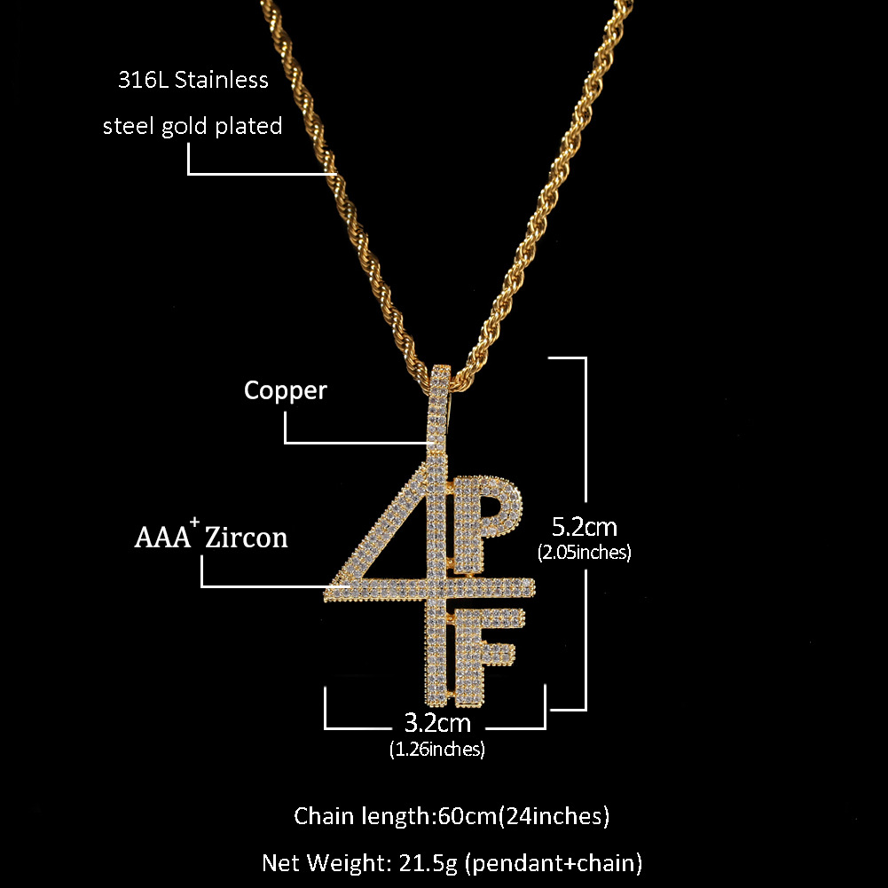Pendant Necklaces 4PF Digital Letter Mosaic Zrcon Necklace Cuban Link Chain Hip Hop Performance Rap DJ Necklace11