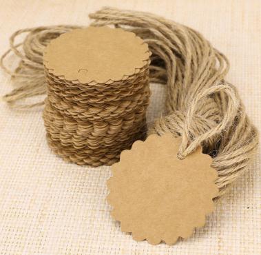 Round Scalloped Kraft Paper Card Gift Tag DIY Tag Price Label with 10M Jute Twine (Brown) 500pcs 60mm