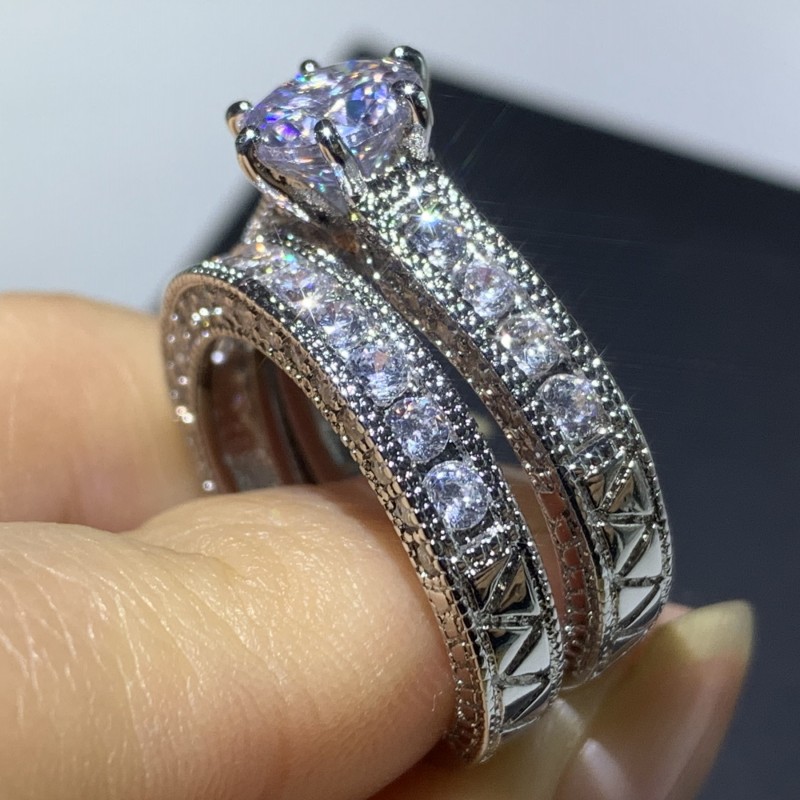 Vintage Jewelry Couple Rings 14KT White Gold Fill Round Cut White Topaz CZ Diamond Gemstones Party Retro Women Wedding Bridal Ring Set Gift