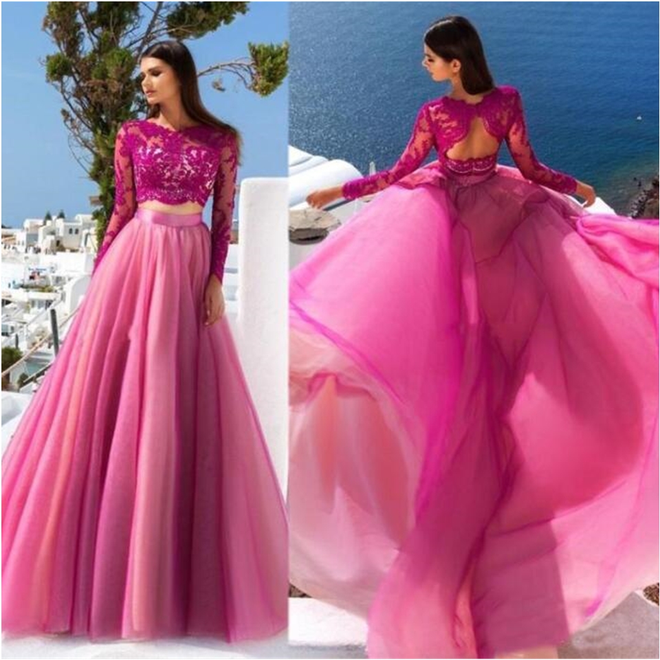 Prom Dress Long Sleeves Lace Tulle Sheer A Line Evening Dresses Party Gown Formal Pageant Wear Elegant Fuchsia Two Piece