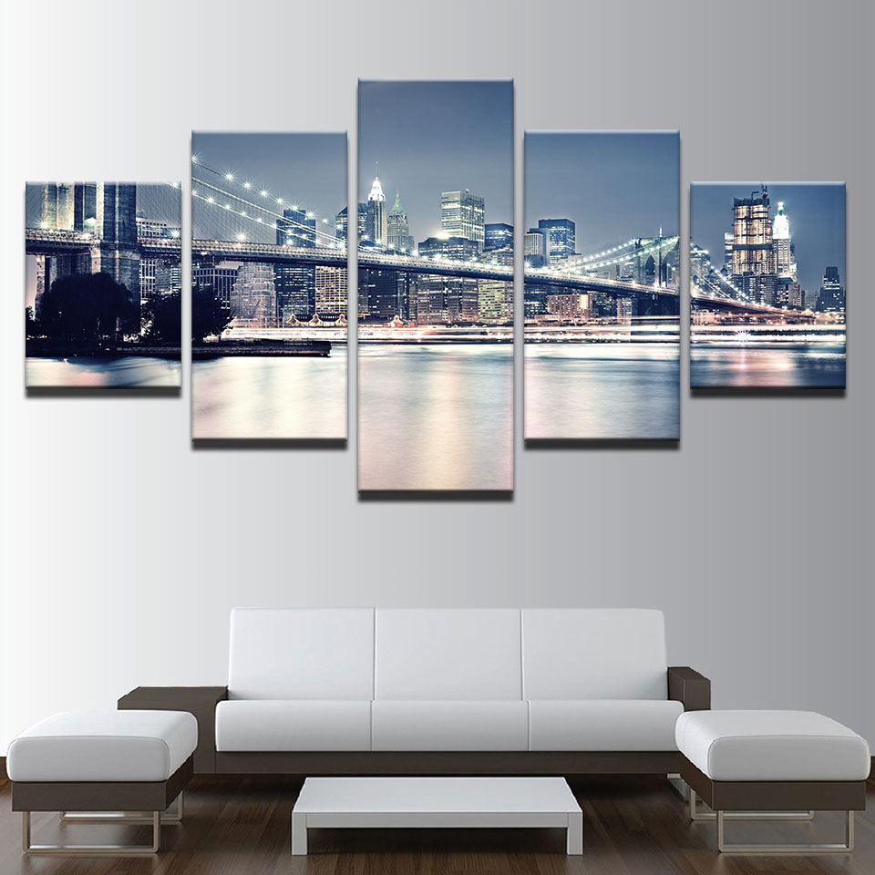 Canvas Paintings Living Room Decor Prints Posters 5 Pieces Beautiful Brooklyn Bridge City Night View Pictures Wall Art No Frame