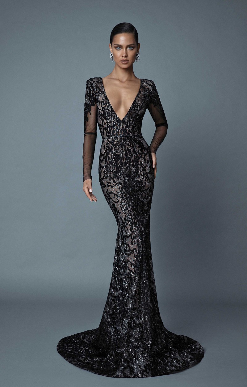 2019 Berta Long Sleeve Evening Dresses Mermaid V Neck Sexy Sequins Formal Prom Gowns Luxury Beading Trumpst Dress Party Vestidos De Fiesta