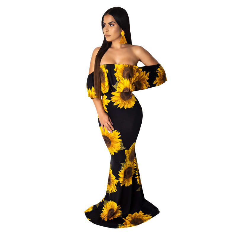 Floral Print Sexy Mermaid Long Dress Women Slash Neck Ruffles Sleeve Bandage Beach Dress Summer Off Shoulder Backless Boho Dress LY191116