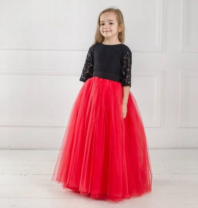New Black and Red Princess Pageant Lace Tulle Flower Girl Dress Kids Party Birthday Prom Children Ball Gown CG01