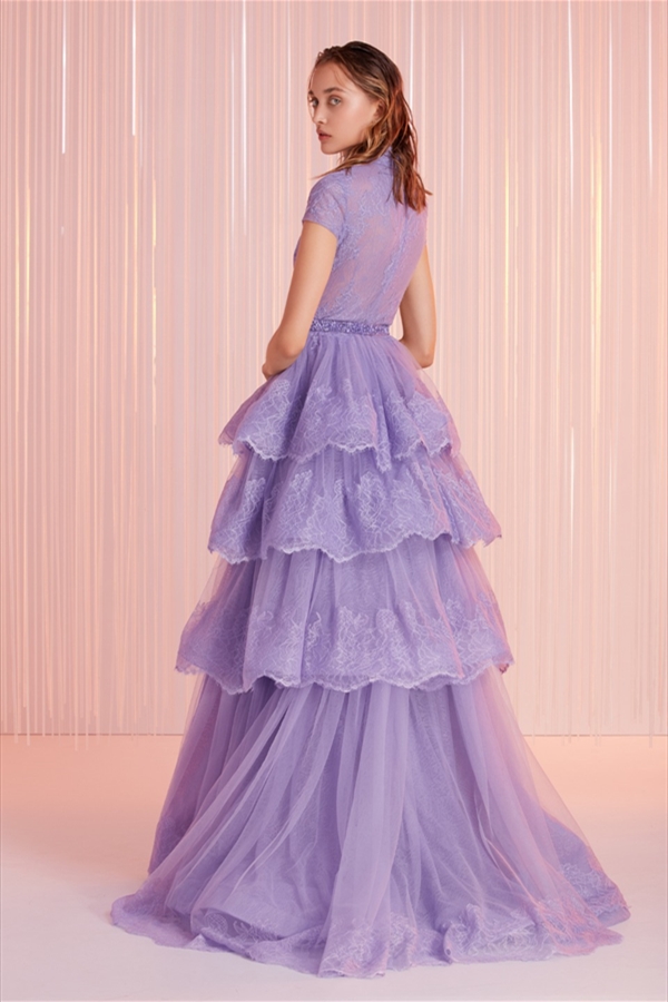 2021 Tony Ward Evening Dresses High Neck Jewel A Line Tulle Tiered Court Train Prom Dress Party Wear Custom Made Red Carpet Gowns