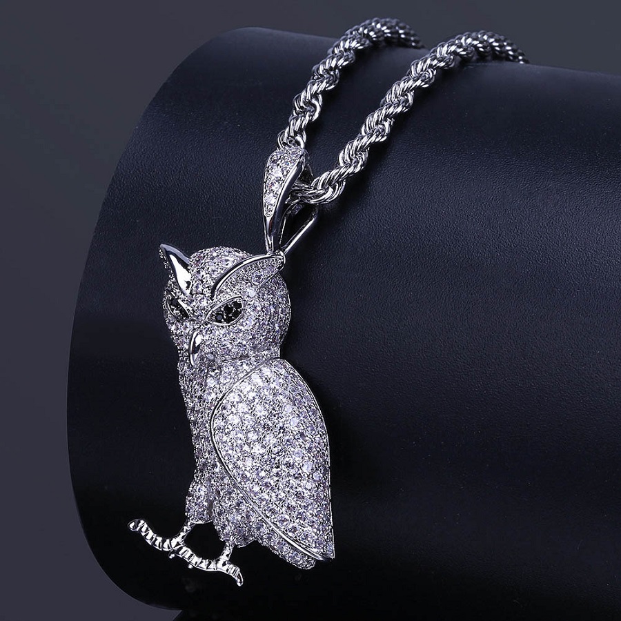 Fashion Men 18k Gold Plated Silver Chain Owl Pendant Necklace Designer Iced Out Rhinestone Hip Hop Rap Rock Jewelry Necklaces For