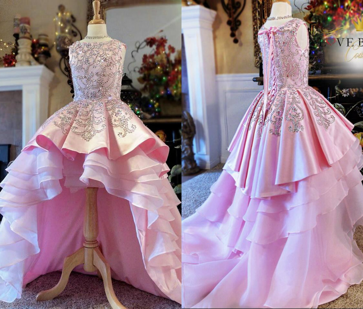 2019 High Low Flower Girl Dresses Jewel Neck Lace Up A Line Girls Pageant Gowns Beaded First Holy Communion Dresses Party Tiered Skirts