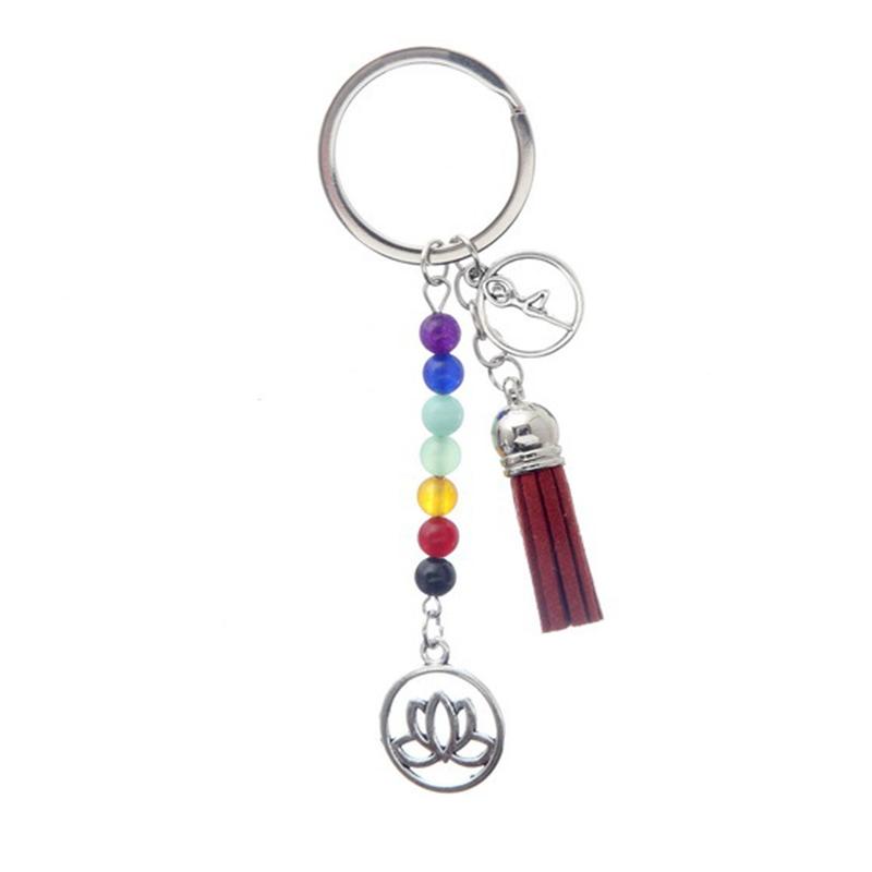Fashion Keychains Cute Healing Crystal Stone Chakra Pray Car Key Chain Tassel Keyring Bag Pendant Women Jewelry Accessories Gift