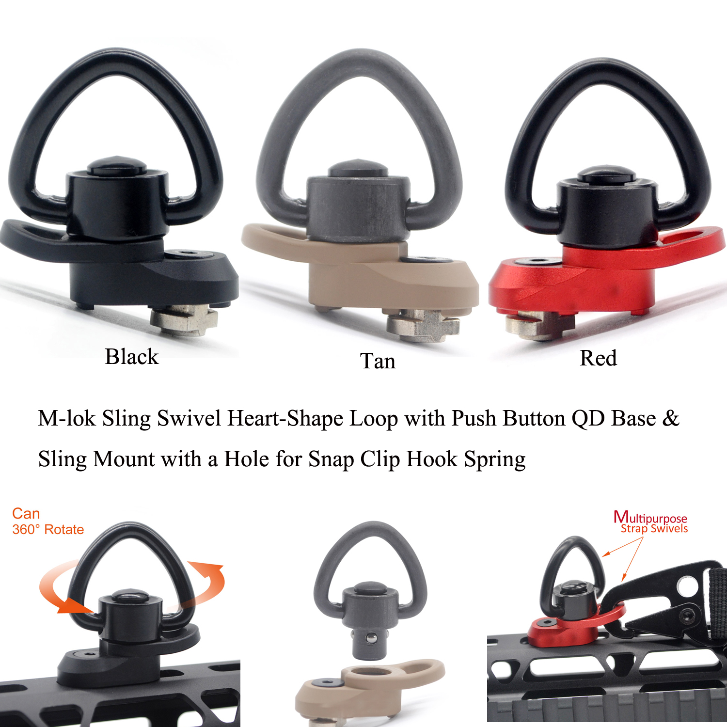 M-lok Sling Swivel Set Heart-Shape Loop QD Quick Detach Base & a Hole for Snap Clip Hook Spring_Black/Red/Tan Colors, Customize
M-lok Sling Swivel Set Heart-Shape Loop QD Quick Detach Base & a Hole for Snap Clip Hook Spring_Black/Red/Tan Colors, Customize