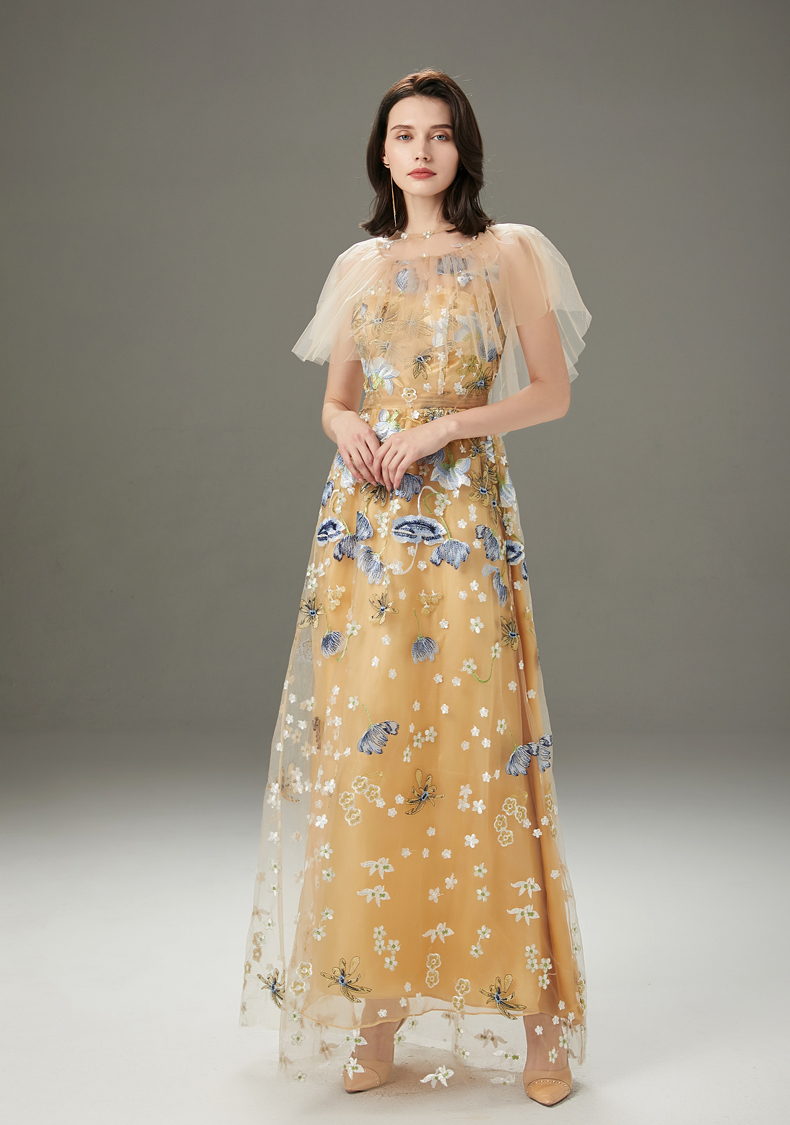 Women's Runway Dresses O Neck Embroidery Layered Ruffles Elegant Long Party Prom Dressess