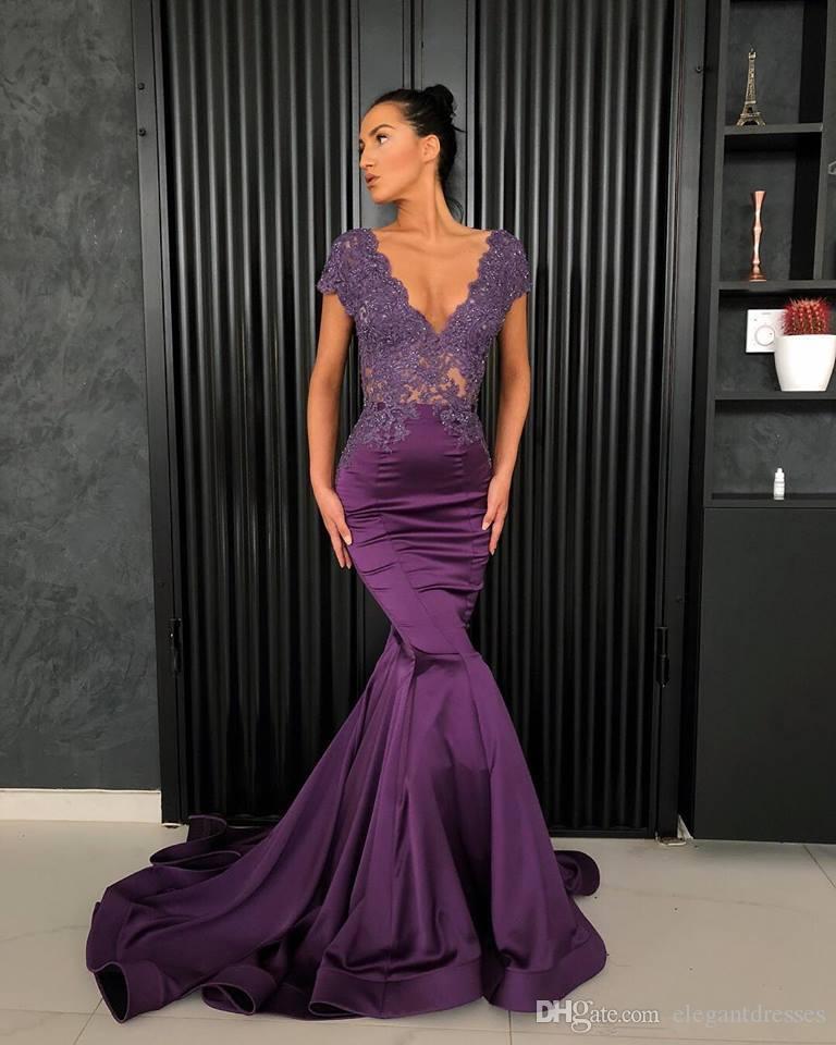 Cheap Mermaid Purple Prom Dresses V-Neck Lace Appliques Short Women Evening Party Gowns Special Ocn Sweep Train Long Formal Dress