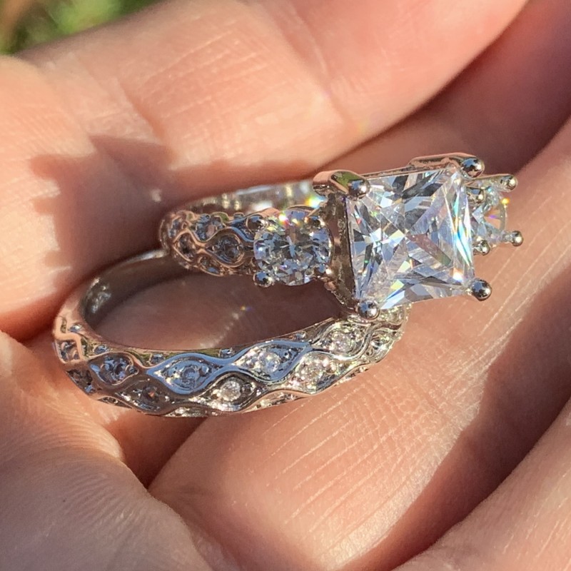 2020 New Arrival Top Selling Luxury Jewelry 925 Sterling Silver Princess Cut White Topaz CZ Diamond Gemstones Couple Rings Women Bridal Ring