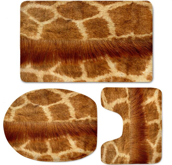 3D Leopard Grain Toilet Cover Mat Set Flannel Bathroom Non-Slip Pedestal