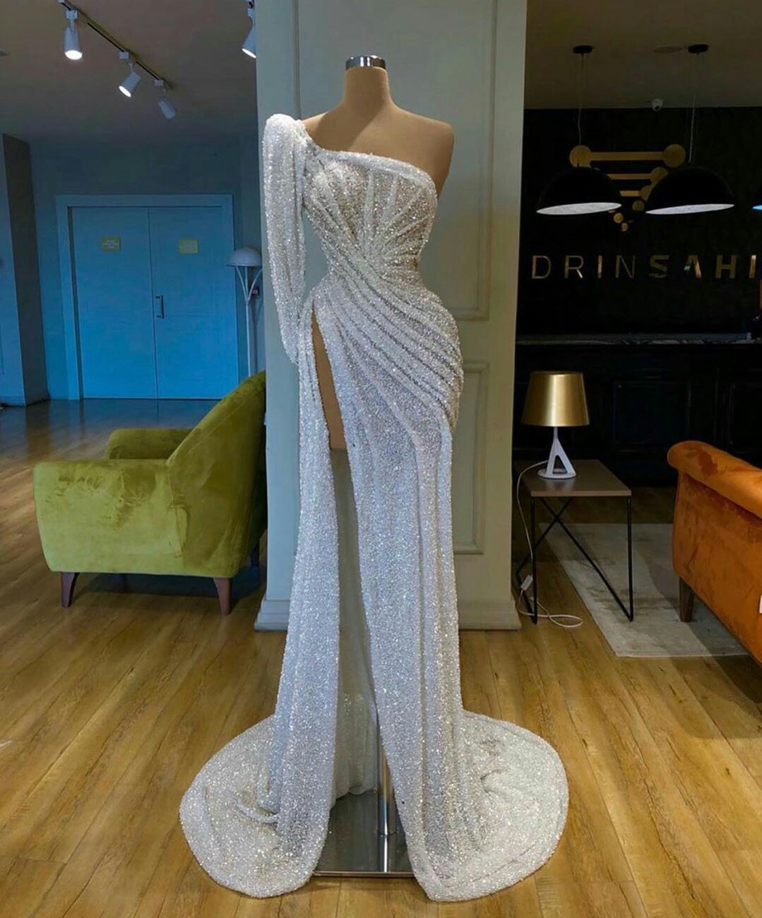 glitter luxury evening dresses oneshoulder highsplit ruched sequined beaded prom dress sweep train custom made party gown