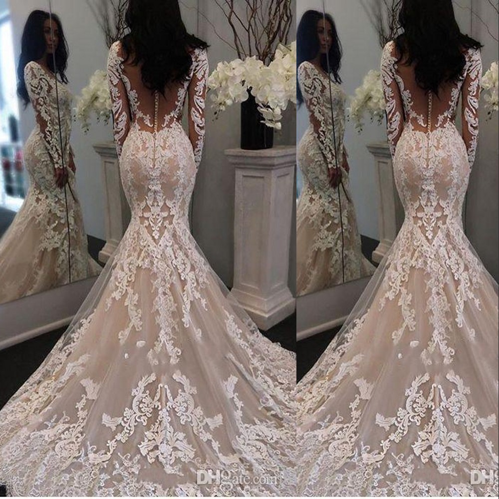 2020 Cheap Champagne Arabic Mermaid Wedding Dresses Full Lace Applique Long Sleeves Illusion Covered Button Sheer Back Formal Bridal Gowns, Ivory
2020 Cheap Champagne Arabic Mermaid Wedding Dresses Full Lace Applique Long Sleeves Illusion Covered Button Sheer Back Formal Bridal Gowns, Ivory