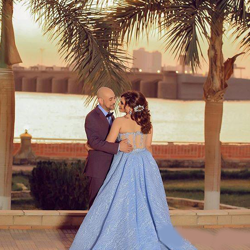 2020 Sky Blue Prom Dresses Plus Size Lace Overskirt Side Split Celebrity Dress Sweetheart robes de mariée Custom Made Evening Gowns