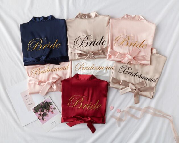 new bride bridesmaid robe with white black letters mother sister of the bride wedding gift bathrobe kimono satin robes