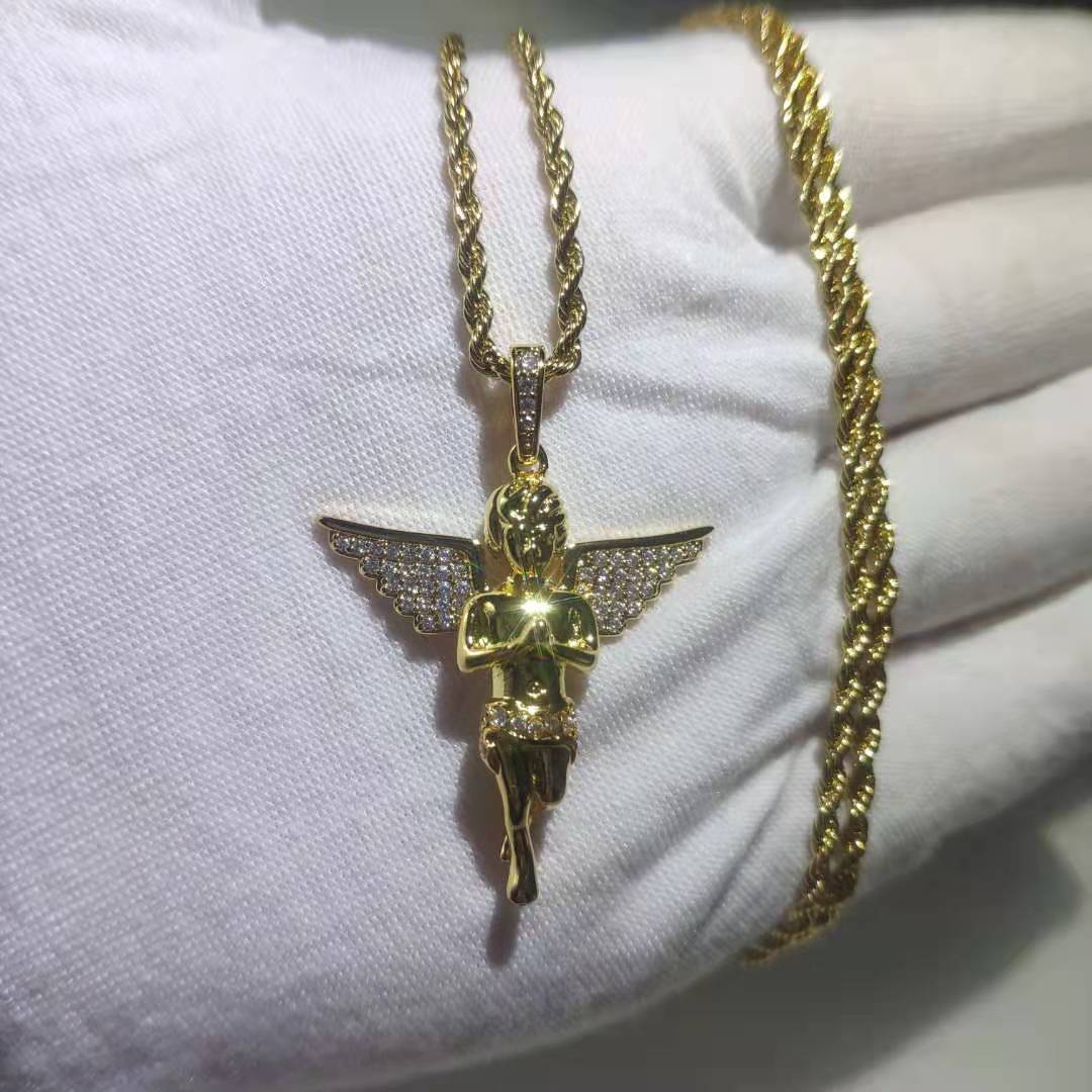 Full Charm White Zirconia Hip Hop Praying Hands Flying Angel Pendant Necklace Jewelry Fairy Crystal Wing Pendants