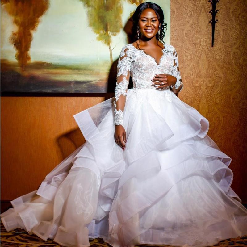 Amazing Layer Sexy Skirt Ball Gown Dresses New V Neck Long Sleeve Africa Wedding Dress Appliques Puffy Bridal Gowns Vestidos 330 S Estidos