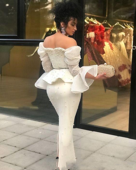 Modest Sheath Off Shoulder Prom Dresses with Pearls Ruffle Long Sleeve Formal Evening Dress Party Gowns vestido de novia