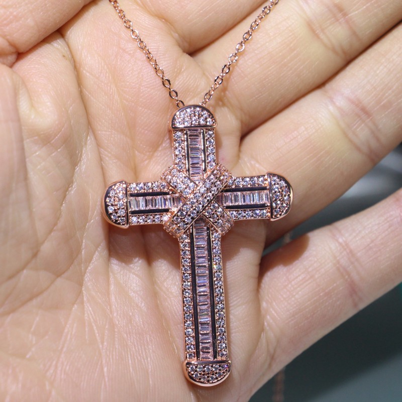 Choucong Unique Luxury Jewelry 925 Sterling Silver&Rose Gold Fill Full Princess Cut White Topaz CZ Diamond Cross Pendant Clavicle Necklace