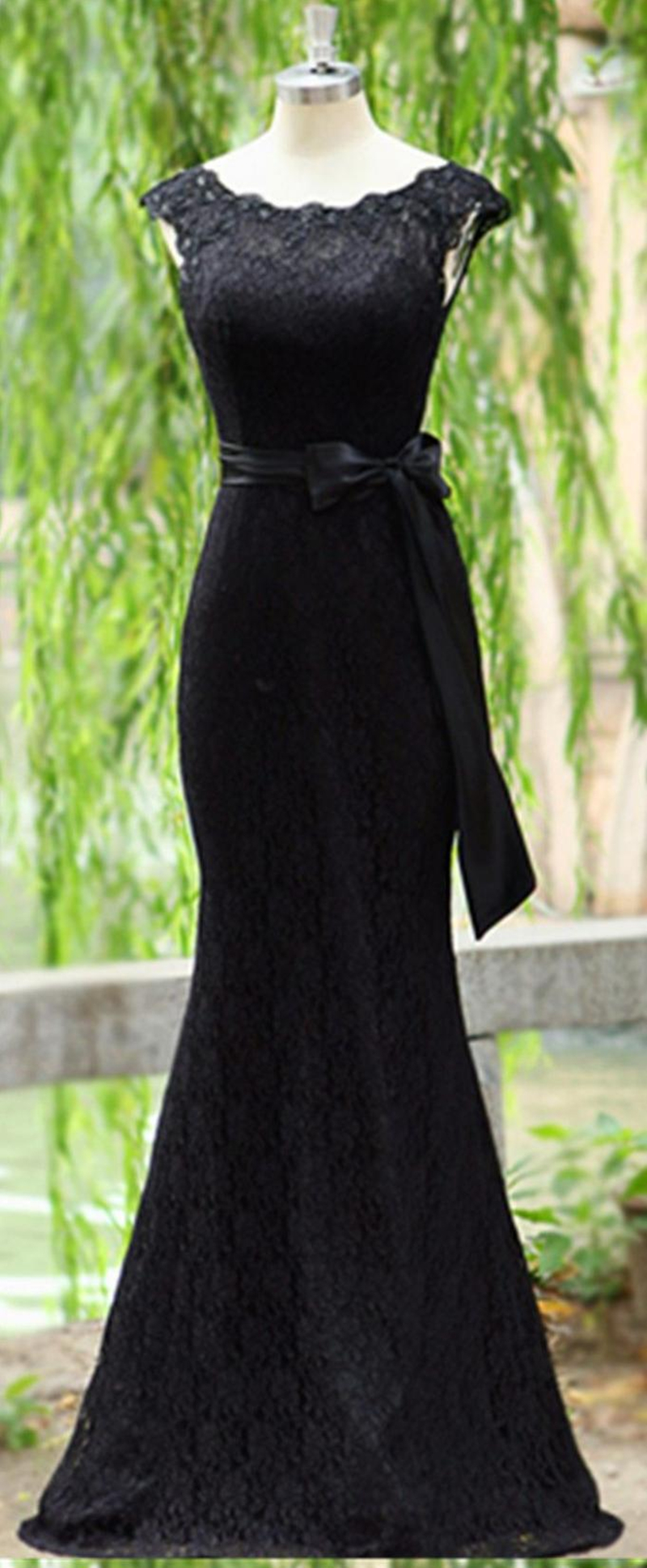 2019 New Mermaid Black Lace Long Formal Evening Dresses Scoop Neckline Ribbon Mother Bridesmaid Prom Party Gowns 100% Real Photo QC1349