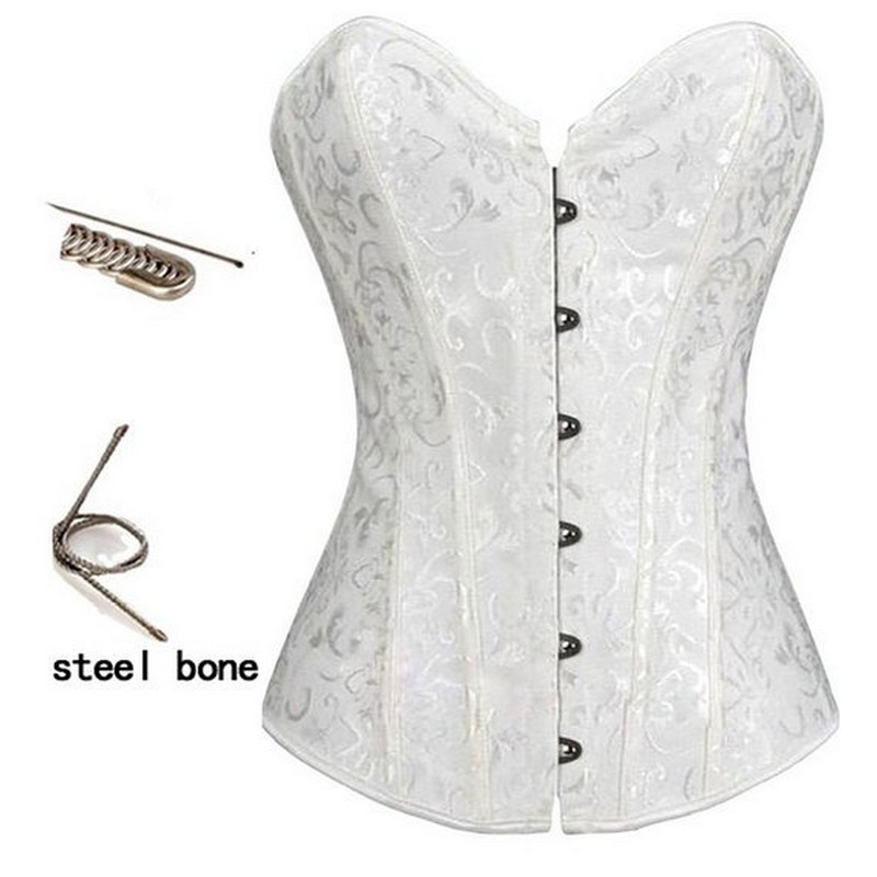 Women Jacquard Steel Boned Overbust White Bridal Corset Back Padded Lingerie Top Body Shaper Strong Lace Up Corselet Black Beige XS-XXL