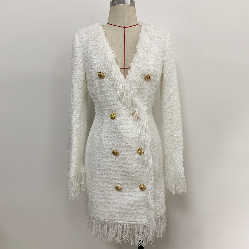 Premium New Style Top Quality Premium Women's Metal Buckles Shiner fringed Dress Double-breasted Slim Woolen Tassel Dress V-Neck White
Premium New Style Top Quality Premium Women's Metal Buckles Shiner fringed Dress Double-breasted Slim Woolen Tassel Dress V-Neck White