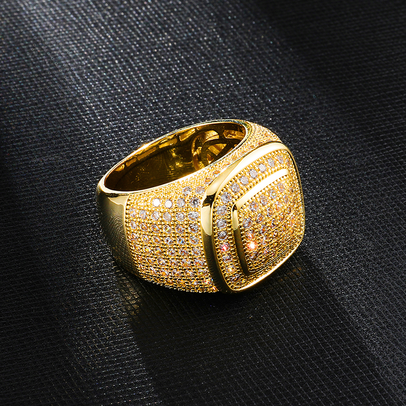 Hip Hop Iced Out Bling Full CZ Charm Tready Square Copper Zircon Ring For Men Women Jewelry Gold Silver Size 811