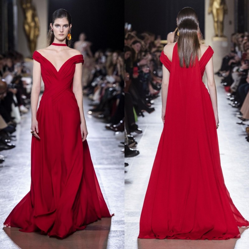 Red Elie Saab 2019 A Line Evening Dresses Off The Shoulder Cheap Prom Gowns Simple Sweep Train Party Dress