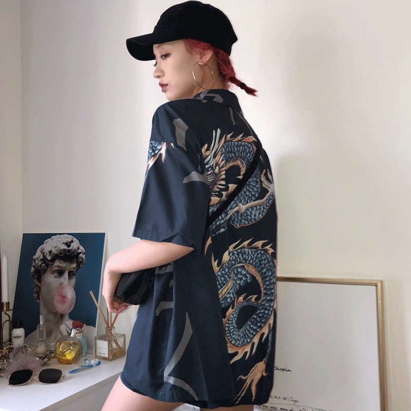 Neploe Harajuku New Summer Blouse 3d Dragon Print Shirt 2019 Short Sleeve Turn-down Collar Tops Woman Man Causal Blouses 35272 C19041201