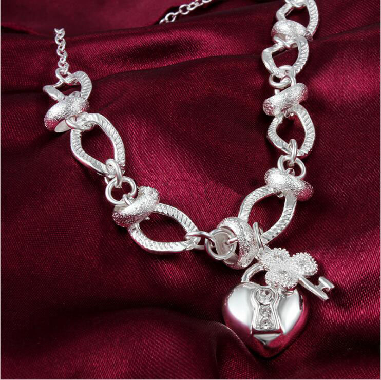 Hanging insets heart lock, flower spoon necklace sterling silver plate necklace STSN190,fashion 925 silver Chains necklace factory sale