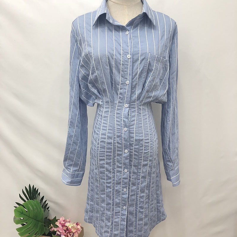 Wholesale-Autumn Women Dress Korean Style Slim Waist Striped Shirt Dress Long Sleeve Knee Length Ladies Elegant Midi Vestidos Jurken