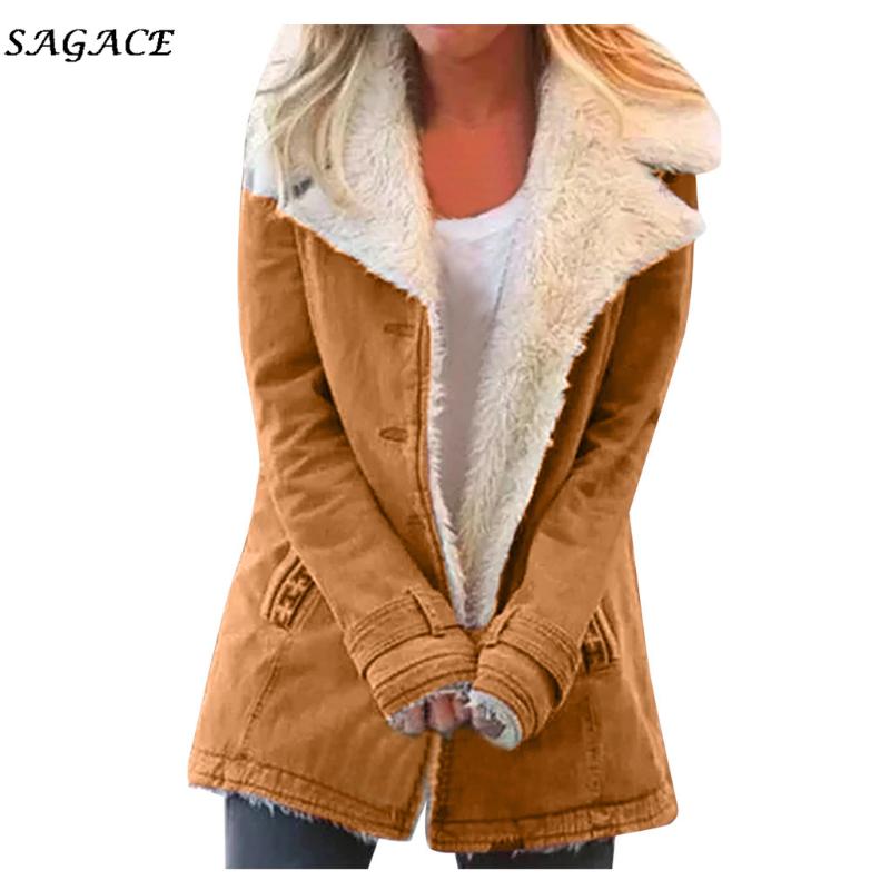 Sagace Clothes Coats Women Fashion Winter Spring Long Sleeve Solid Plus Size Composite PlushButton Lapels Jacket Outwearcoat, Army green