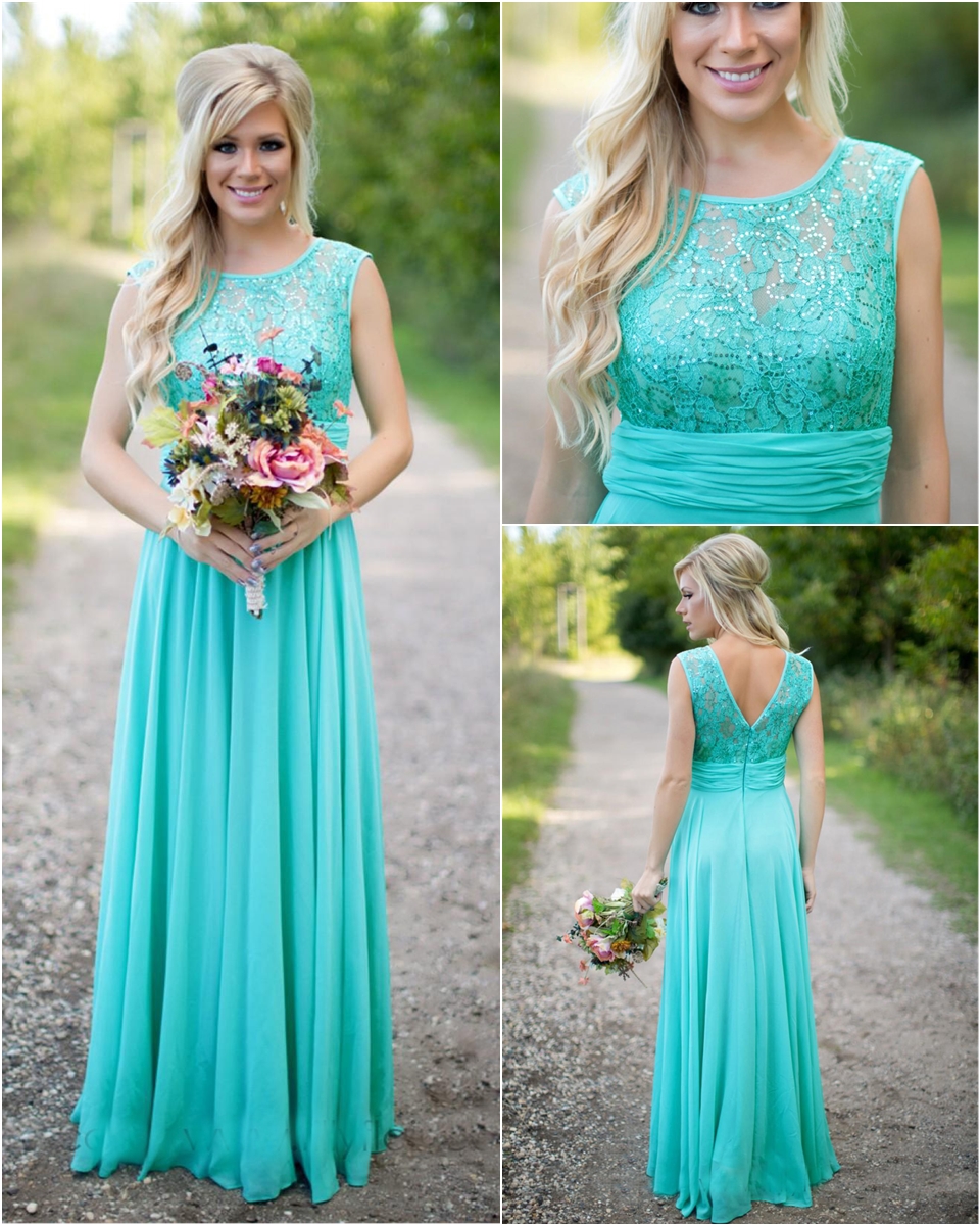 2020 Bridesmaids Dresses for Wedding New Teal Country Bridesmaid Dresses Scoop A Line Chiffon Lace V Backless Long Cheap