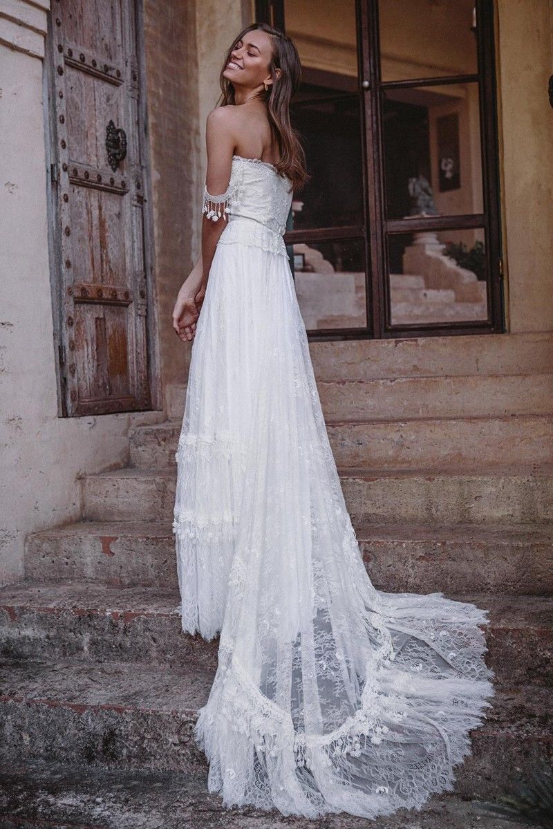 Bohemian Summer Beach Wedding Dresses Off The Shoulder Lace Boho Bridal Gowns Vintage French vestido de noiva Wedding Dress