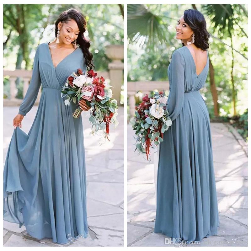 Long Sleeves Cheap A-E Dresses V-Neck Chiffon Or Length Custom Robe De Honor Of Maid Bridesmaids Plus Size Maxi Dress Lz0304