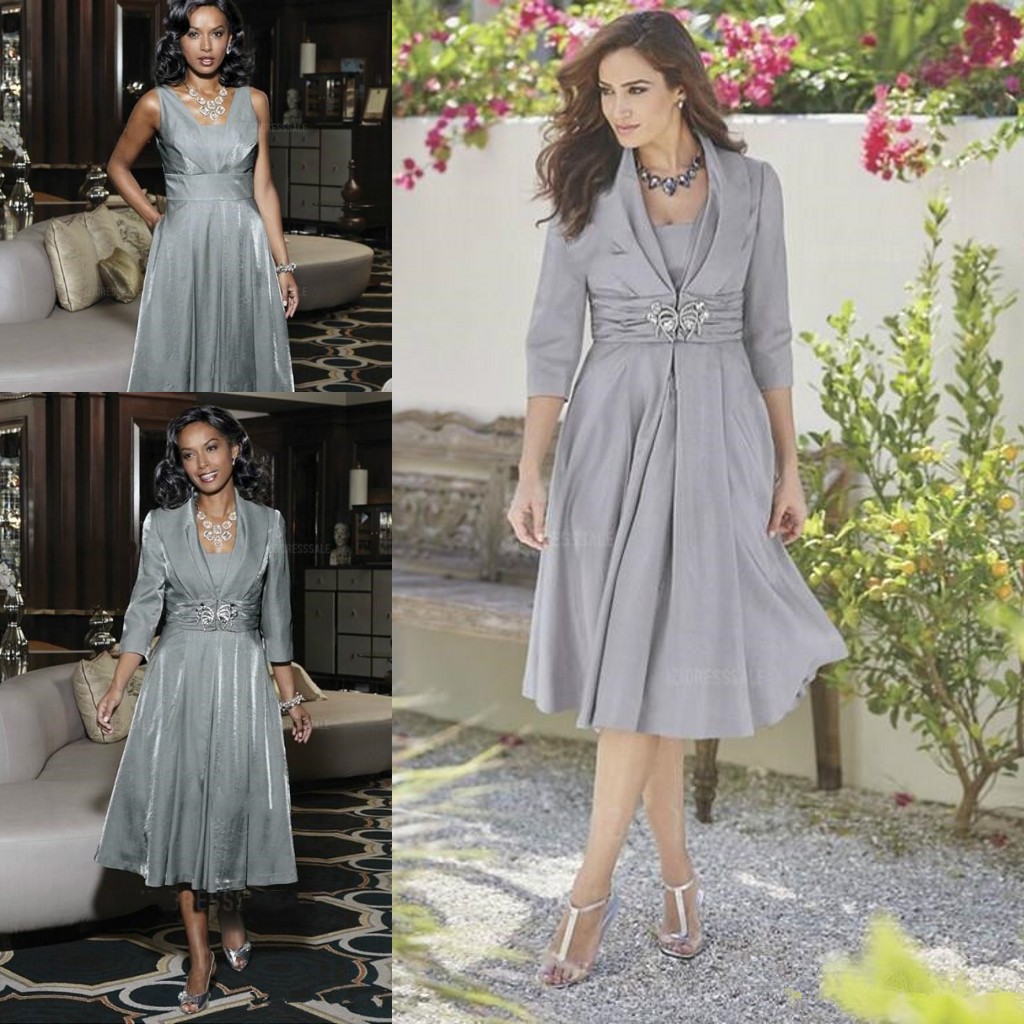 Vintage Silver Tea-length Mother of The Bride Dresses with Long Sleeve Jacket 2020 Modern V-neck Plus Size Beaded Occasion Mother Dress 
Vintage Silver Tea-length Mother of The Bride Dresses with Long Sleeve Jacket 2020 Modern V-neck Plus Size Beaded Occasion Mother Dress