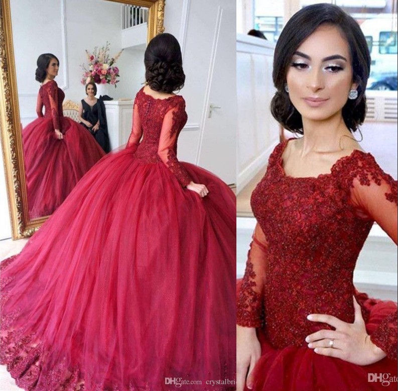 New Cheap Burgundy Quinceanera Ball Gown Dresses Scoop Neck Lace Appliques Beaded Button Back Sweet 16 Plus Size Party Prom Evening Gowns