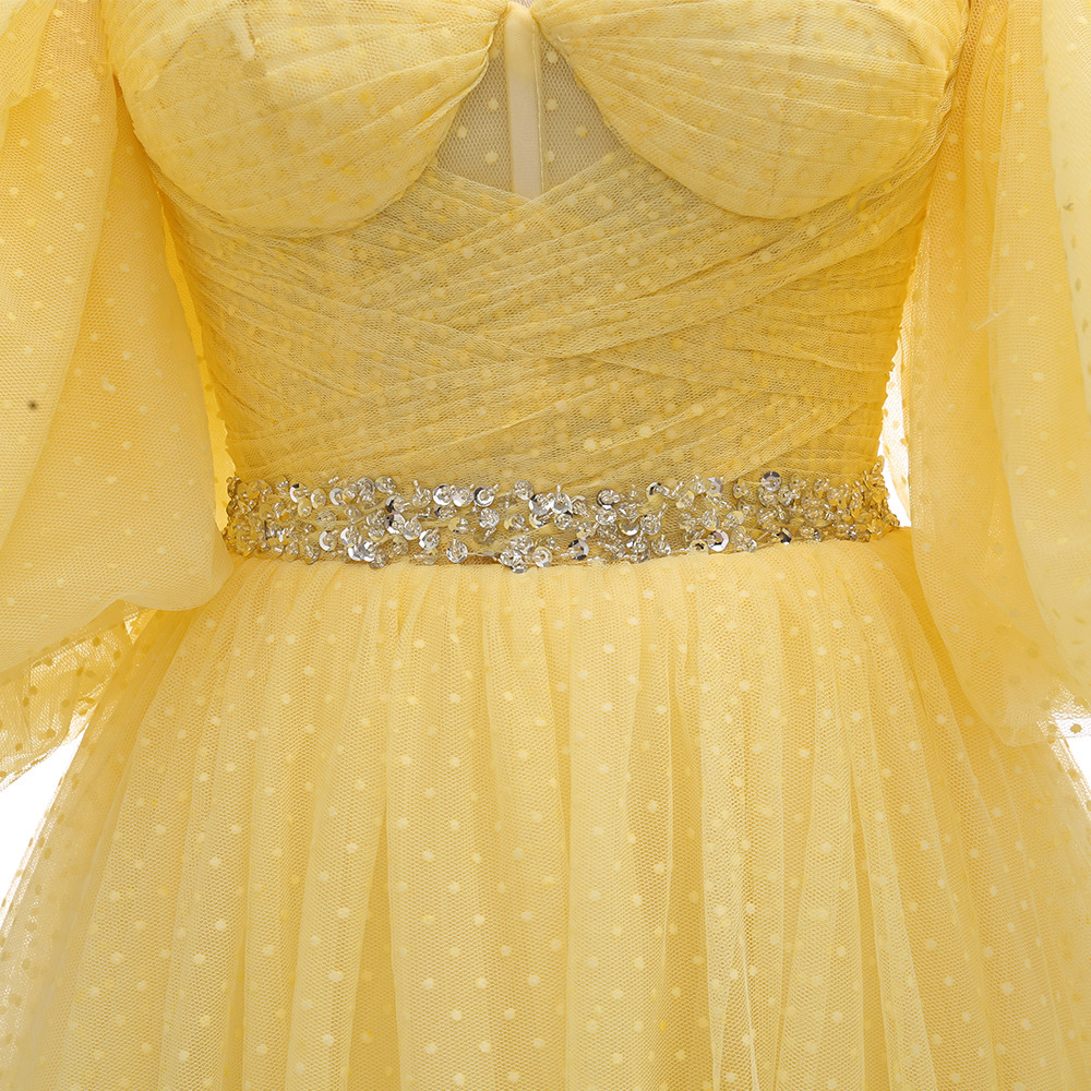 2020 Yellow Prom Dresses Long Pink Party Dress Dot Tulle A-line Evening Gowns Latter Sleeves Elegant Formal Dresses Vestido