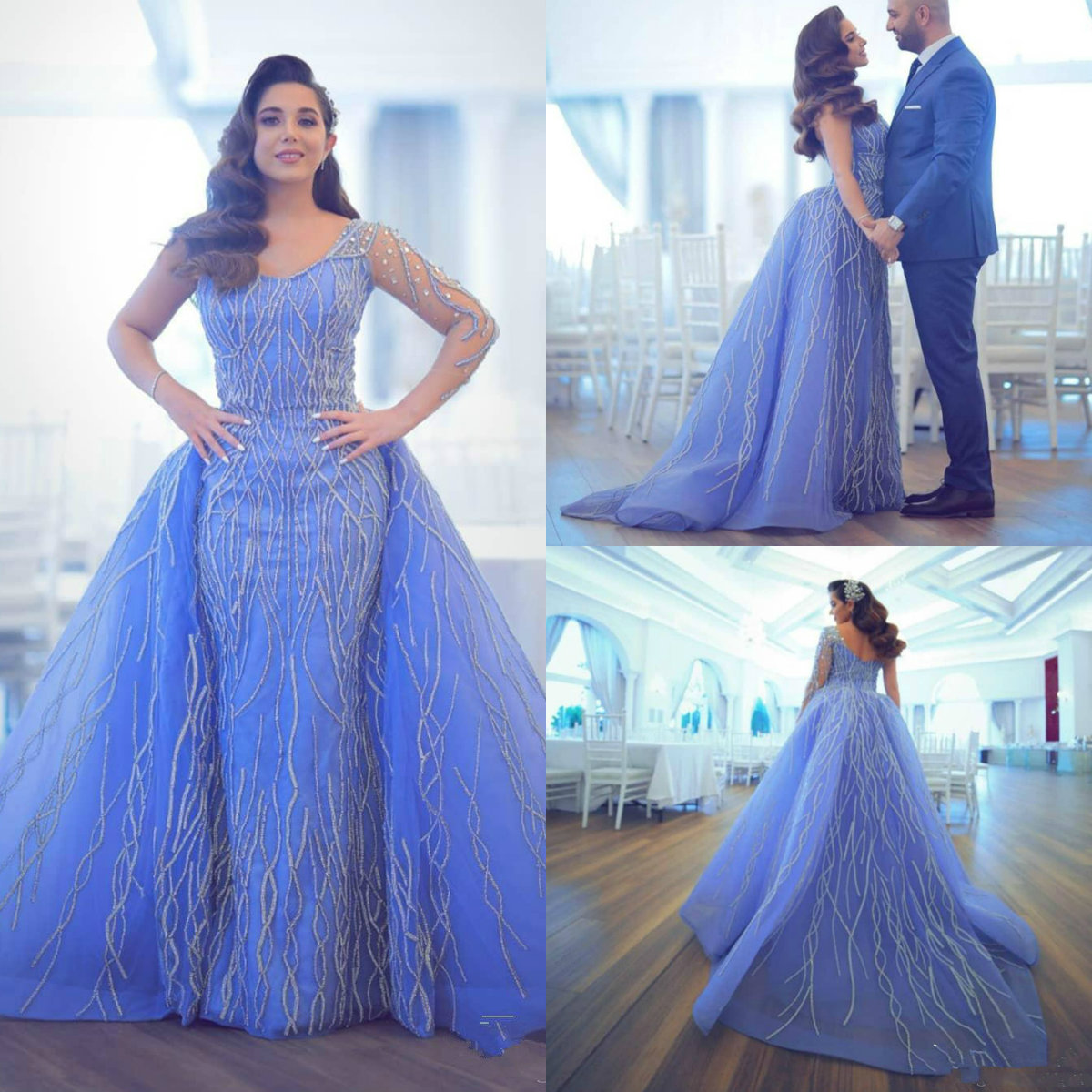 2020 Arabic Evening Dresses With Detachable Train V Neck Lace Appliques Beading Long Sleeve Sheath Prom Dress Party Plus Size Women Gowns