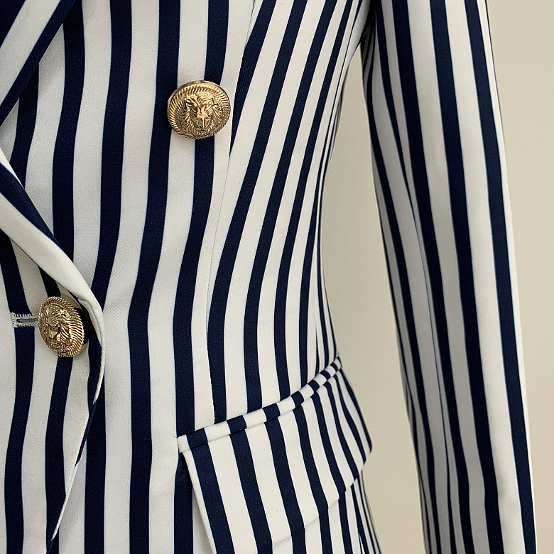 Top Quality Original Design Women's Classic Stripe Blazer Double-Breasted Blazer Business Wear Metal Buckles Jacket Blending Coat Outwear