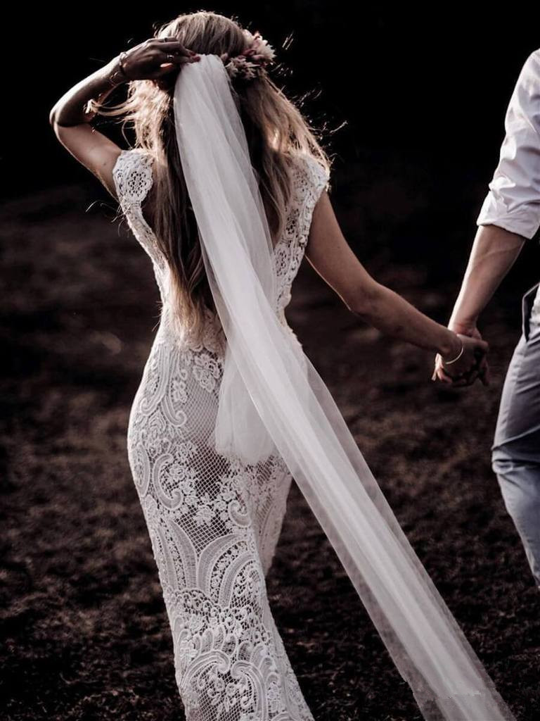 Vintage Mermaid Backless Bohemian Wedding Dresses V-neck Cap Sleeve Crochet Cotton Lace Countryside Woodland Bridal Gown