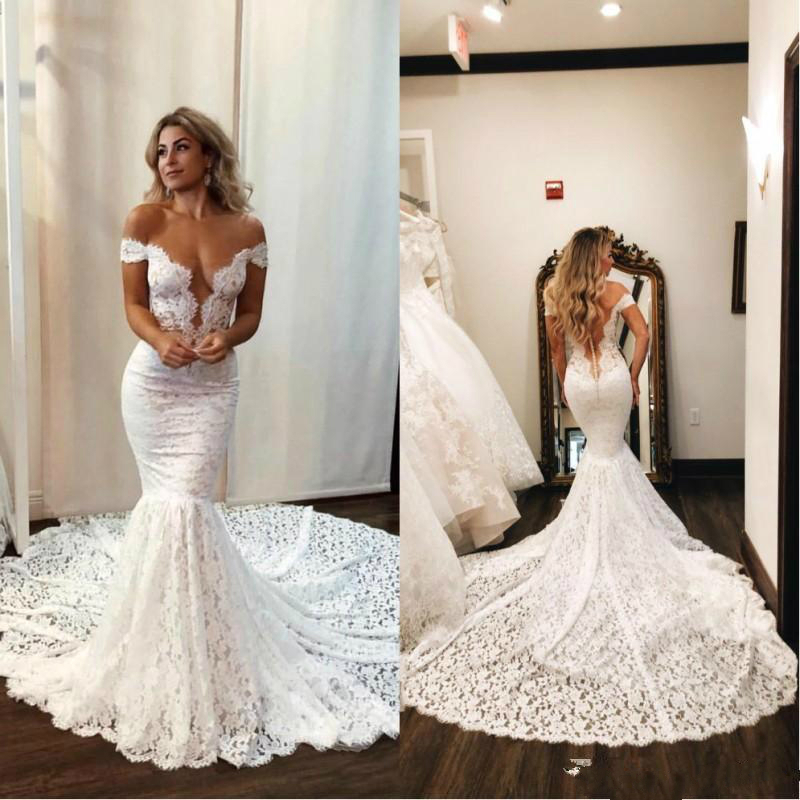 elegant full lace mermaid wedding dresses sexy off shoulder short sleeve bridal gowns backless beach wedding dress