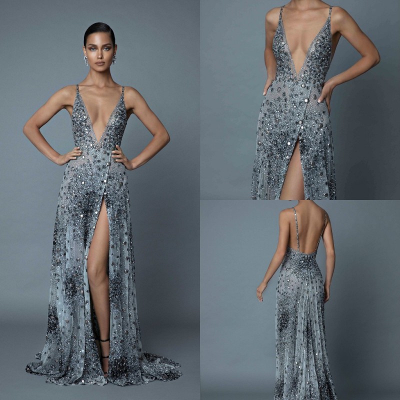 Luxury 2019 Berta Beading Prom Dresses Sexy Long Side Split Evening Gowns Spaghetti V Neck Sequined Tulle Pageant Party Dress