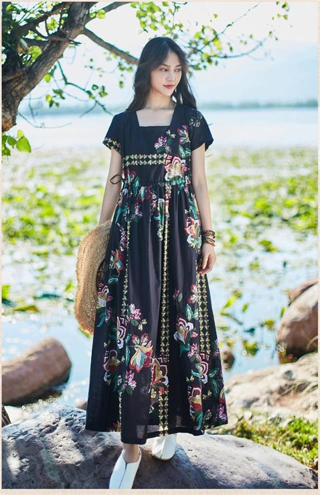 Summer Asian casual dress light thin cotton hemp lace waist closing Dress temperament square collar short sleeve big swing Robe