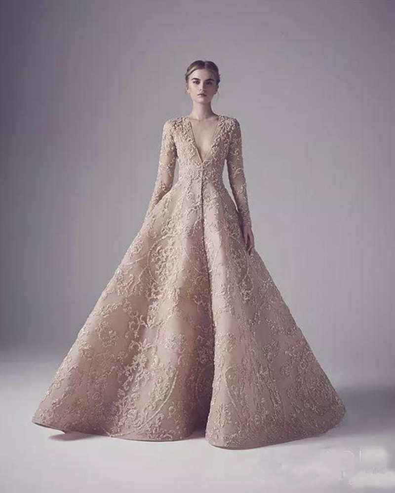 2020 New Gorgeous Champagne Long Sleeve Muslim Wedding Dresses Embroidery Puffy Dubai Arabic Bridal Gowns Ashi Studio Formal Wedding Dress